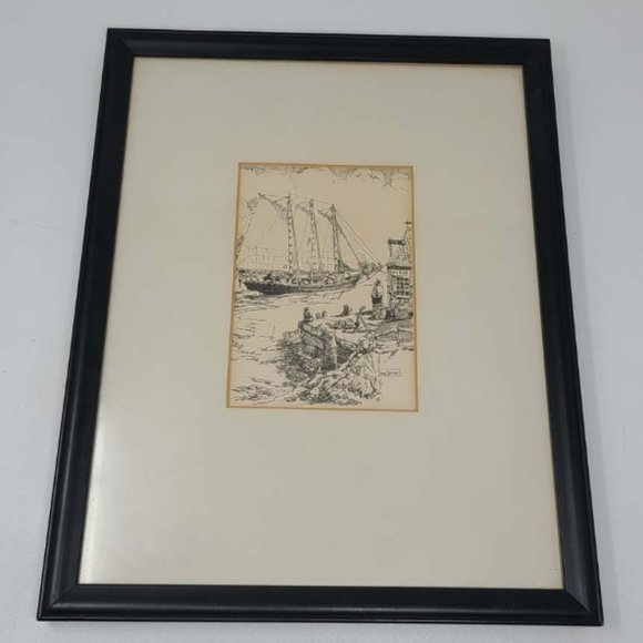Work on Paper, Paule Loring, Saunders built Schooner - Vintage Framed Signed